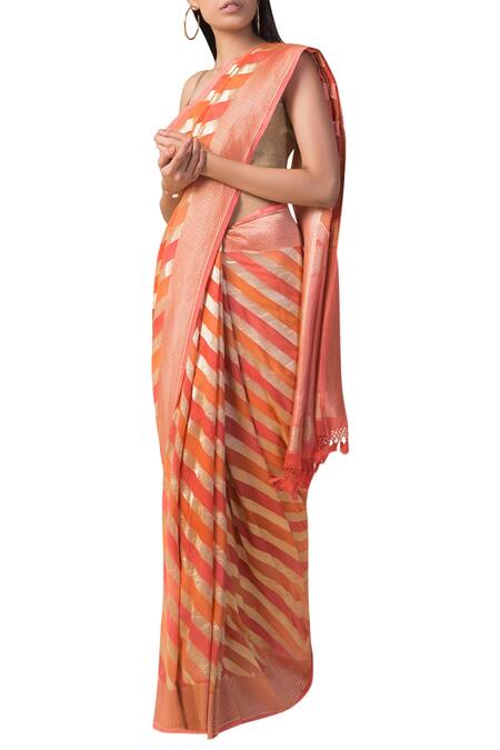 Shop_Ekaya Banaras_Orange Handwoven Banarasi Saree_at_Aza_Fashions