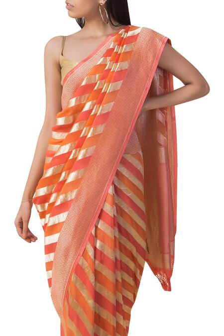 Ekaya Banaras_Orange Handwoven Banarasi Saree_Online_at_Aza_Fashions
