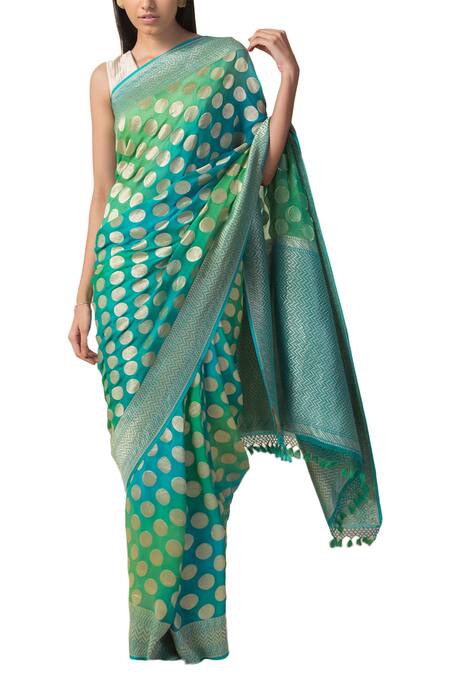 Shop Ekaya Banaras Blue Handwoven Banarasi Saree With Unstitched Blouse Fabric at Aza Fashions Shop_Ekaya Banaras_Blue Handwoven Banarasi Saree With Unstitched Blouse Fabric_at_Aza_Fashions