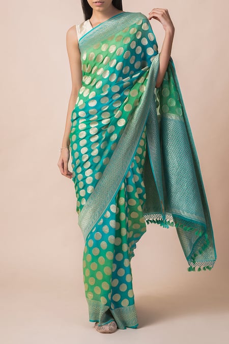 Ekaya Blue Handwoven Banarasi Saree With Unstitched Blouse Fabric