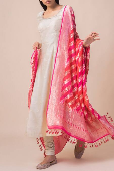 Ekaya Banaras Orange Georgette Handwoven Dupatta