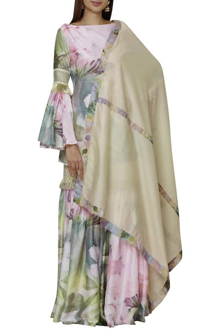 Swatee Singh Beige Chanderi Printed Kurta Sharara Set 