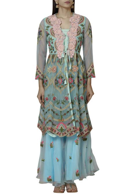 Buy Sonali Gupta Blue Organza Tie-up Neck Embroidered Kurta Gharara Set Online at Aza Fashions Buy_Sonali Gupta_Blue Organza Tie-up Neck Embroidered Kurta Gharara Set _Online_at_Aza_Fashions