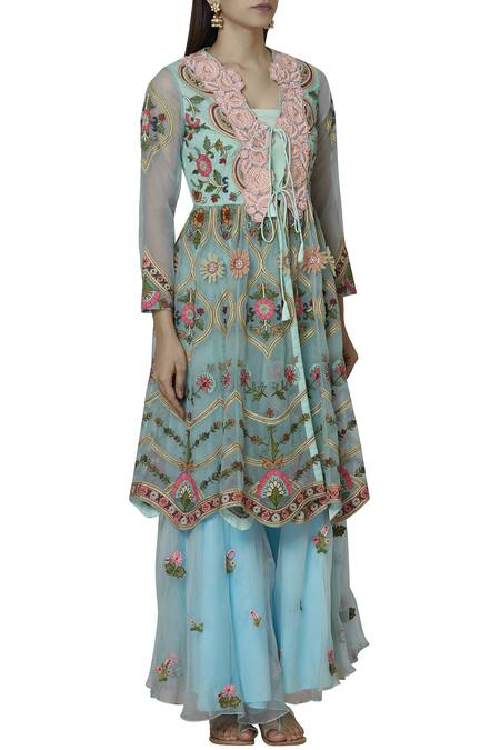 Sonali Gupta Blue Organza Tie-up Neck Embroidered Kurta Gharara Set Online at Aza Fashions Sonali Gupta_Blue Organza Tie-up Neck Embroidered Kurta Gharara Set _Online_at_Aza_Fashions
