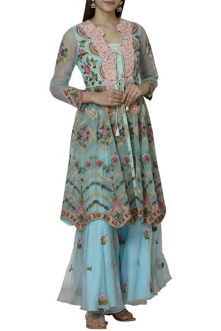 Sonali Gupta Blue Organza Tie-up Neck Embroidered Kurta Gharara Set  