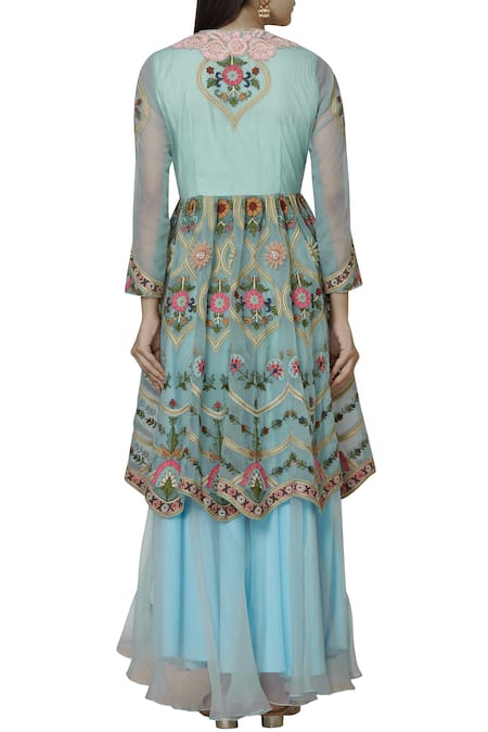 Shop Sonali Gupta Blue Organza Tie-up Neck Embroidered Kurta Gharara Set at Aza Fashions Shop_Sonali Gupta_Blue Organza Tie-up Neck Embroidered Kurta Gharara Set _at_Aza_Fashions