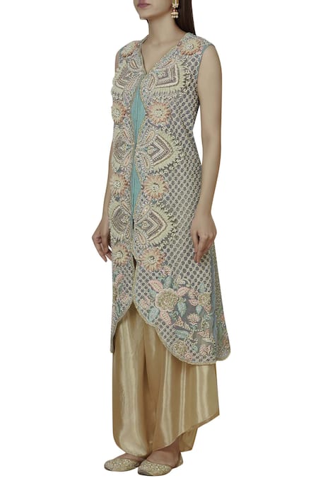 Sonali Gupta Blue Organza V Neck Embroidered Kurta Set Online at Aza Fashions Sonali Gupta_Blue Organza V Neck Embroidered Kurta Set _Online_at_Aza_Fashions