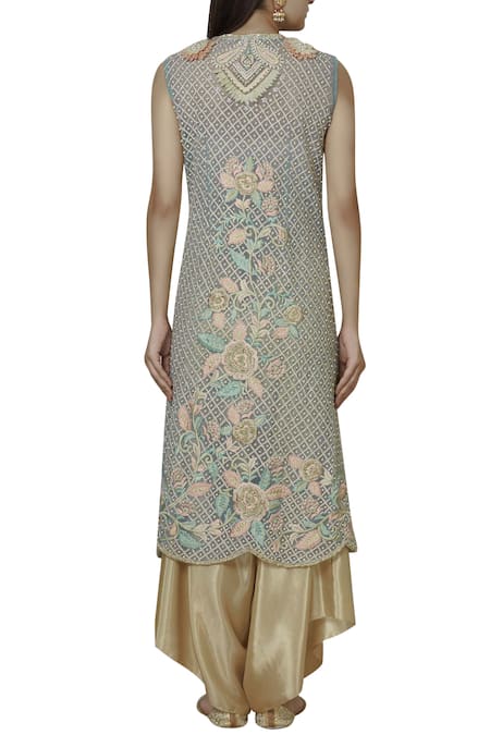 Shop Sonali Gupta Blue Organza V Neck Embroidered Kurta Set at Aza Fashions Shop_Sonali Gupta_Blue Organza V Neck Embroidered Kurta Set _at_Aza_Fashions