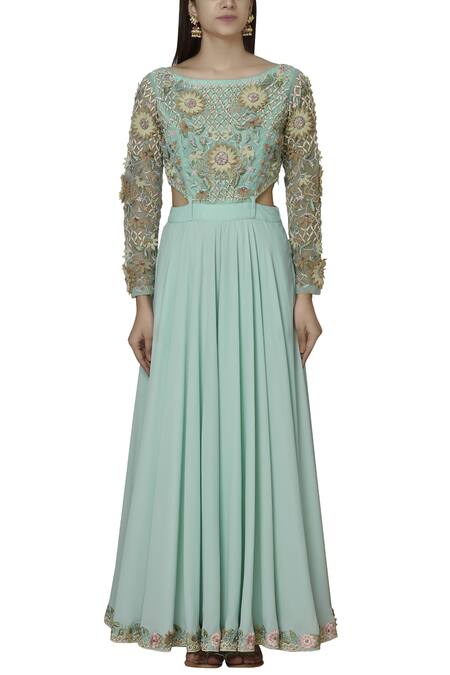 Shop Sonali Gupta Blue Blended Silk Bateau Embroidered Anarkali With Dupatta Online at Aza Fashions Shop_Sonali Gupta_Blue Blended Silk Bateau Embroidered Anarkali With Dupatta _Online_at_Aza_Fashions