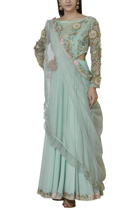 Sonali Gupta Blue Blended Silk Bateau Embroidered Anarkali With Dupatta  