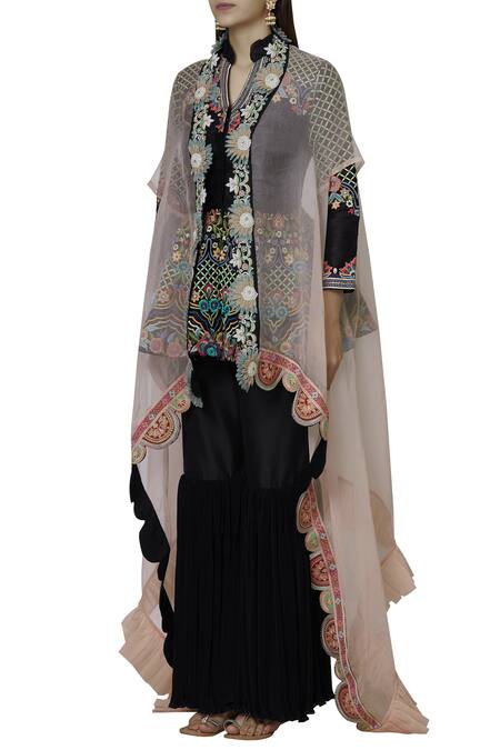 Sonali Gupta Black Blended Silk Kurta V Neck Embroidered Sharara Set Online at Aza Fashions Sonali Gupta_Black Blended Silk Kurta V Neck Embroidered Sharara Set _Online_at_Aza_Fashions