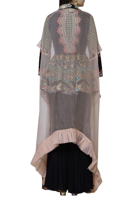 Shop Sonali Gupta Black Blended Silk Kurta V Neck Embroidered Sharara Set at Aza Fashions Shop_Sonali Gupta_Black Blended Silk Kurta V Neck Embroidered Sharara Set _at_Aza_Fashions