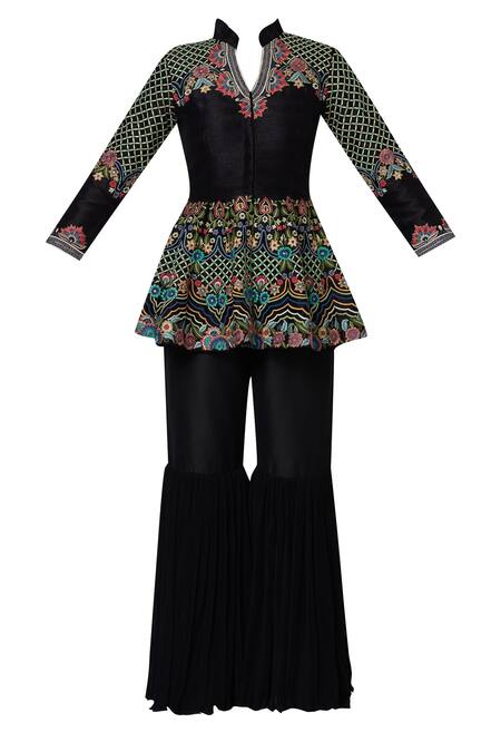 Buy Sonali Gupta Black Blended Silk Kurta V Neck Embroidered Sharara Set Online at Aza Fashions Buy_Sonali Gupta_Black Blended Silk Kurta V Neck Embroidered Sharara Set _Online_at_Aza_Fashions