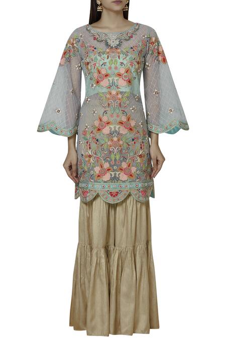 Buy_Sonali Gupta_Blue Pure Organza Round Embroidered Kurta Sharara Set  _Online_at_Aza_Fashions