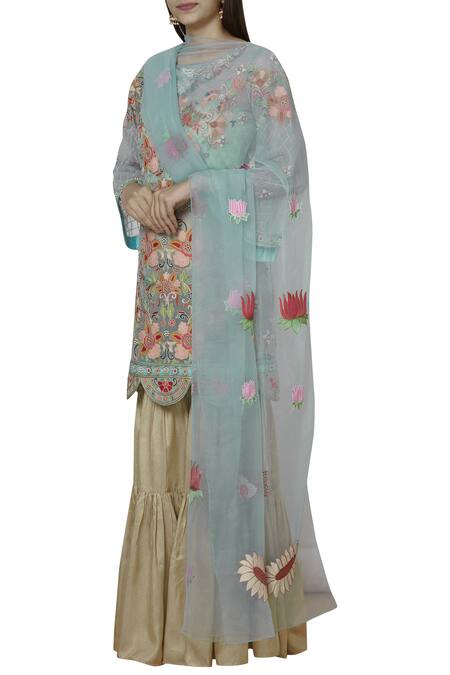 Sonali Gupta_Blue Pure Organza Round Embroidered Kurta Sharara Set  _Online_at_Aza_Fashions