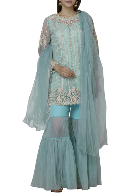 Sonali Gupta Blue Organza Round Embroidered Kurta Sharara Set