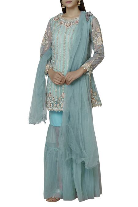 Sonali Gupta_Blue Organza Round Embroidered Kurta Sharara Set  _Online_at_Aza_Fashions