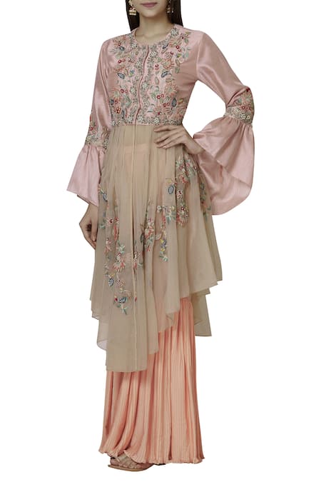 Sonali Gupta Peach Blended Silk Round Embellished Kurta Sharara Set