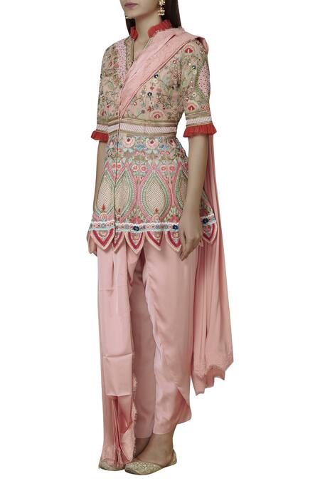 Buy Sonali Gupta Pink Pure Organza V Neck Embroidered Kurta With Draped Pants Online at Aza Fashions Buy_Sonali Gupta_Pink Pure Organza V Neck Embroidered Kurta With Draped Pants _Online_at_Aza_Fashions