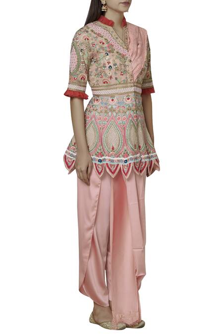 Sonali Gupta Pink Pure Organza V Neck Embroidered Kurta With Draped Pants Online at Aza Fashions Sonali Gupta_Pink Pure Organza V Neck Embroidered Kurta With Draped Pants _Online_at_Aza_Fashions