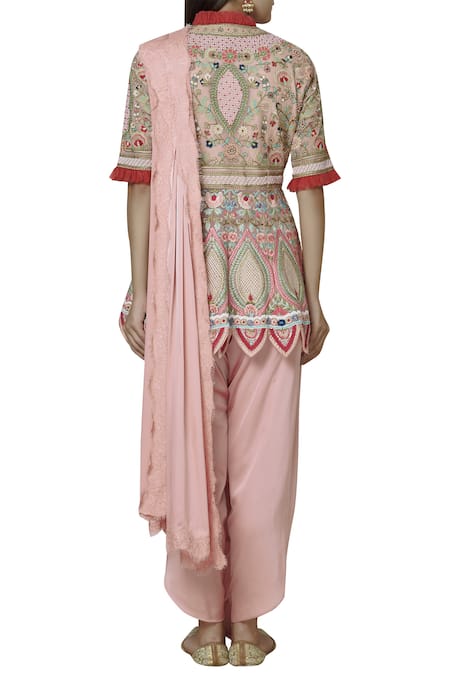 Shop Sonali Gupta Pink Pure Organza V Neck Embroidered Kurta With Draped Pants at Aza Fashions Shop_Sonali Gupta_Pink Pure Organza V Neck Embroidered Kurta With Draped Pants _at_Aza_Fashions