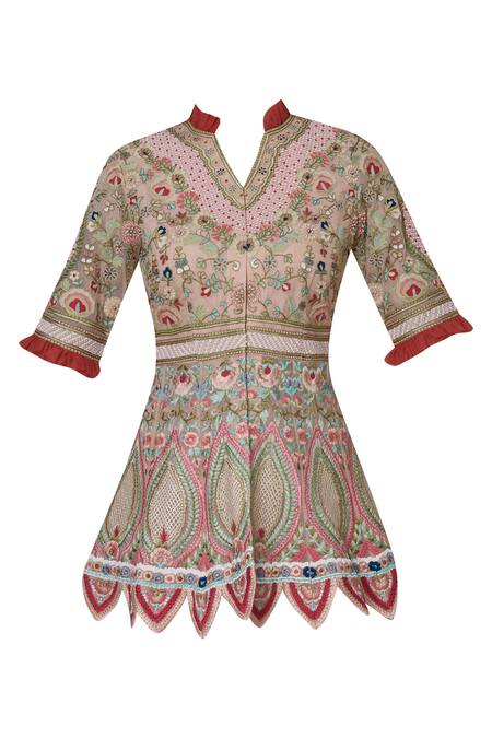 Shop Sonali Gupta Pink Pure Organza V Neck Embroidered Kurta With Draped Pants Online at Aza Fashions Shop_Sonali Gupta_Pink Pure Organza V Neck Embroidered Kurta With Draped Pants _Online_at_Aza_Fashions