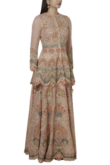 Sonali Gupta Pink Pure Organza Round Embroidered Kurta Lehenga Set Online at Aza Fashions Sonali Gupta_Pink Pure Organza Round Embroidered Kurta Lehenga Set _Online_at_Aza_Fashions