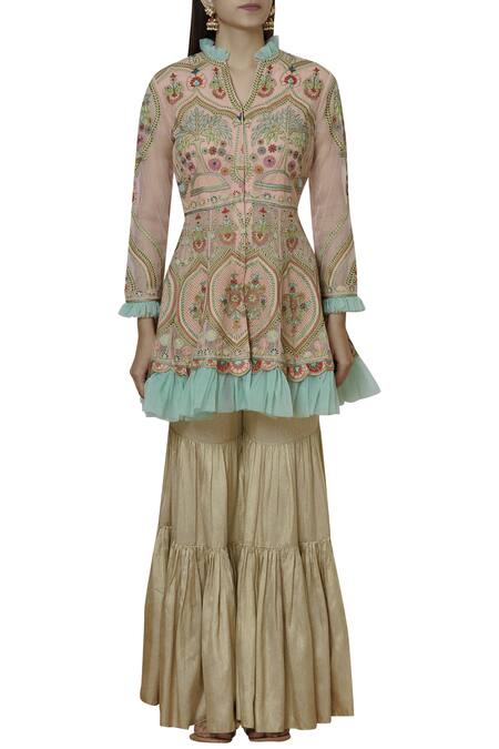 Buy_Sonali Gupta_Gold Pure Organza V Neck Embroidered Kurta Sharara Set  _Online_at_Aza_Fashions
