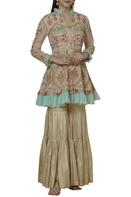 Sonali Gupta Gold Pure Organza V Neck Embroidered Kurta Sharara Set