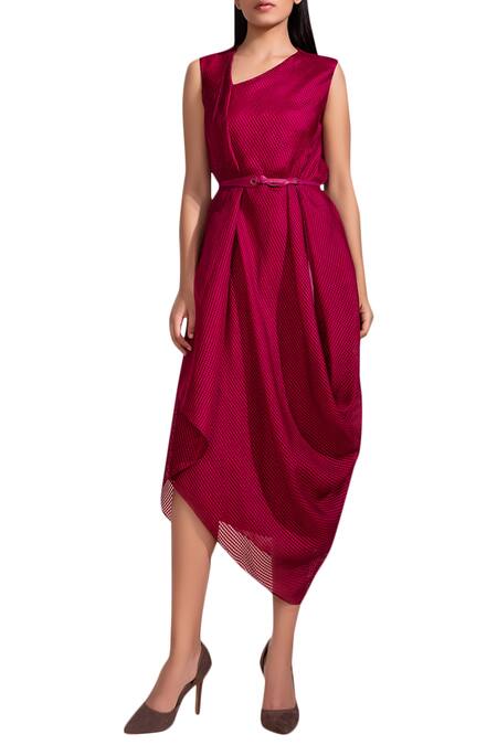 Ampm_Maroon Draped Dress_Online_at_Aza_Fashions