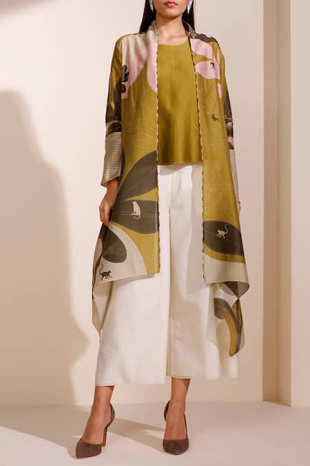 Ampm Green Chanderi Printed Jacket
