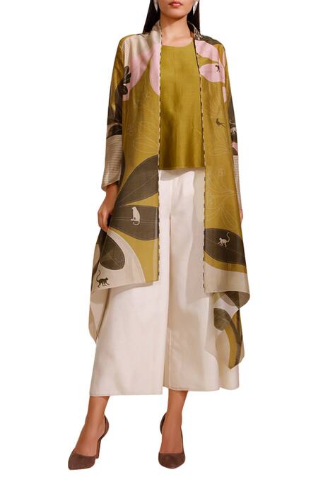 Ampm_Green Chanderi Printed Jacket_Online_at_Aza_Fashions