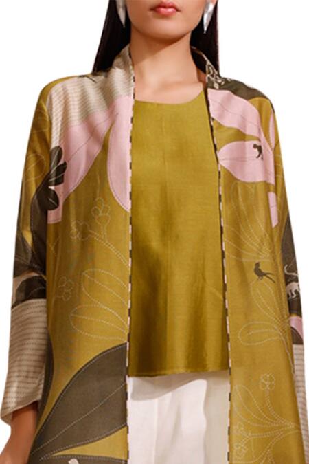 Buy_Ampm_Green Chanderi Printed Jacket_Online_at_Aza_Fashions