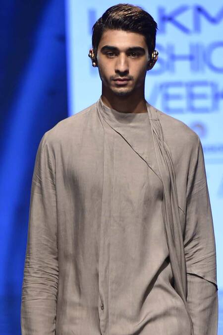 Antar Agni_Grey Linen Draped Kurta_Online_at_Aza_Fashions