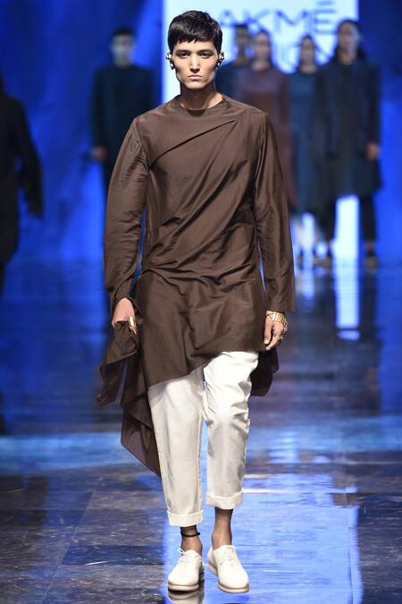 Antar Agni Brown Cotton Silk Asymmetric Kurta