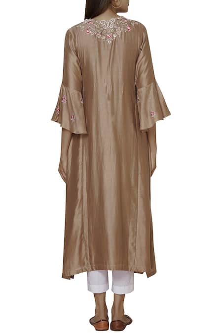 Shop_Samyukta Singhania_Brown Chanderi, Polyester, Chiffon Embroidery, Sequins Round Floral Kurta Set _at_Aza_Fashions
