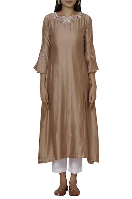 Buy_Samyukta Singhania_Brown Chanderi, Polyester, Chiffon Embroidery, Sequins Round Floral Kurta Set _Online_at_Aza_Fashions