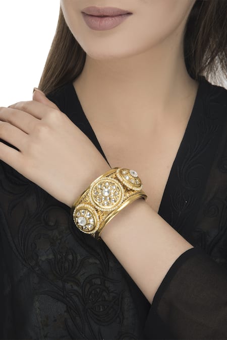 Gold-Plated Kundan-Studded Bracelet with Ring