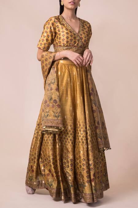 Ekaya Yellow Dupion Silk Printed Lehenga Set