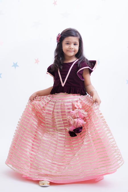 Fayon Kids Wine Velvet, Net Gota Patti, Tassels Embroidered Lehenga Set