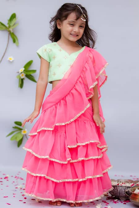 FAYON KIDS Embroidered Pre-Draped Lehenga Set 