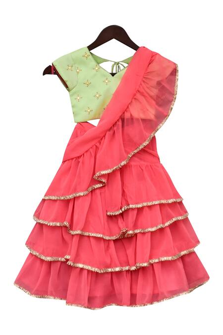 Fayon Kids_Green Georgette Embroidery Pre-draped Lehenga Set _Online_at_Aza_Fashions