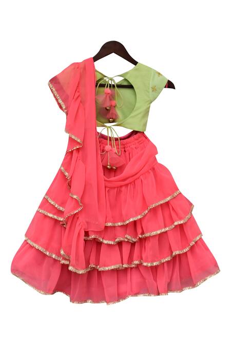 Buy_Fayon Kids_Green Georgette Embroidery Pre-draped Lehenga Set _Online_at_Aza_Fashions