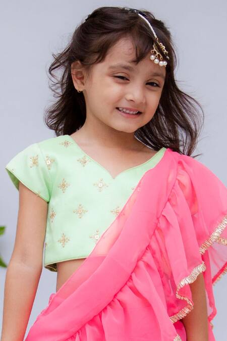 Shop_Fayon Kids_Green Georgette Embroidery Pre-draped Lehenga Set _Online_at_Aza_Fashions