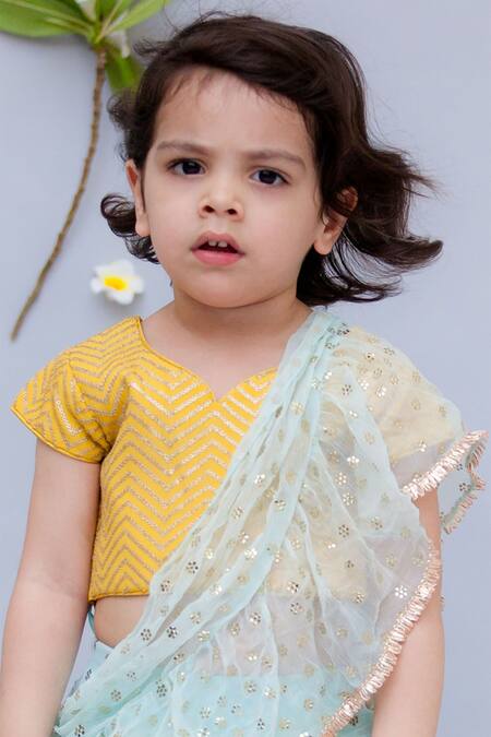 Shop Fayon Kids Blue Chiffon Sequins Embroidered Pre-draped Lehenga Set Online at Aza Fashions Shop_Fayon Kids_Blue Chiffon Sequins Embroidered Pre-draped Lehenga Set _Online_at_Aza_Fashions