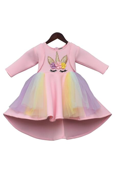 Fayon Kids_Pink Cotton, Lycra Fabric Flowers Embroidered Dress _Online_at_Aza_Fashions