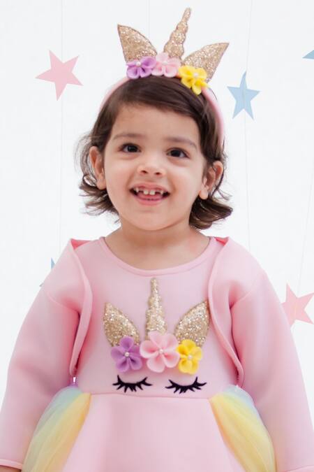 Shop_Fayon Kids_Pink Cotton, Lycra Fabric Flowers Embroidered Dress _Online_at_Aza_Fashions