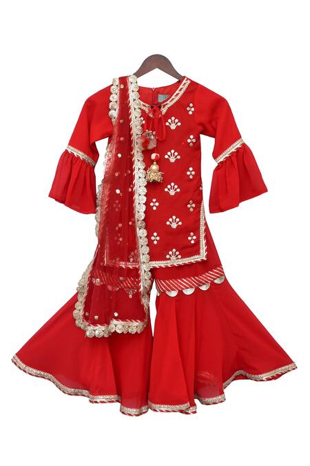 Fayon Kids_Red Georgette Embroidery Kurta Sharara Set _Online_at_Aza_Fashions