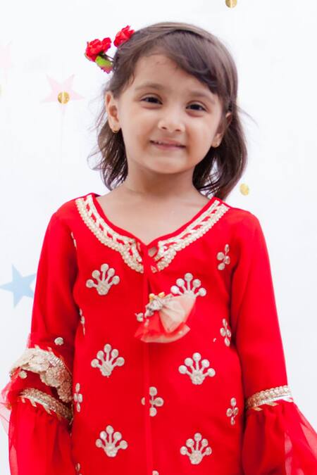 Shop_Fayon Kids_Red Georgette Embroidery Kurta Sharara Set _Online_at_Aza_Fashions