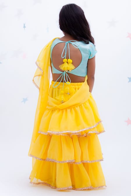 Shop Fayon Kids Blue Georgette, Cotton Sequins, Metallic Embroidered Pre-draped Lehenga Set at Aza Fashions Shop_Fayon Kids_Blue Georgette, Cotton Sequins, Metallic Embroidered Pre-draped Lehenga Set _at_Aza_Fashions